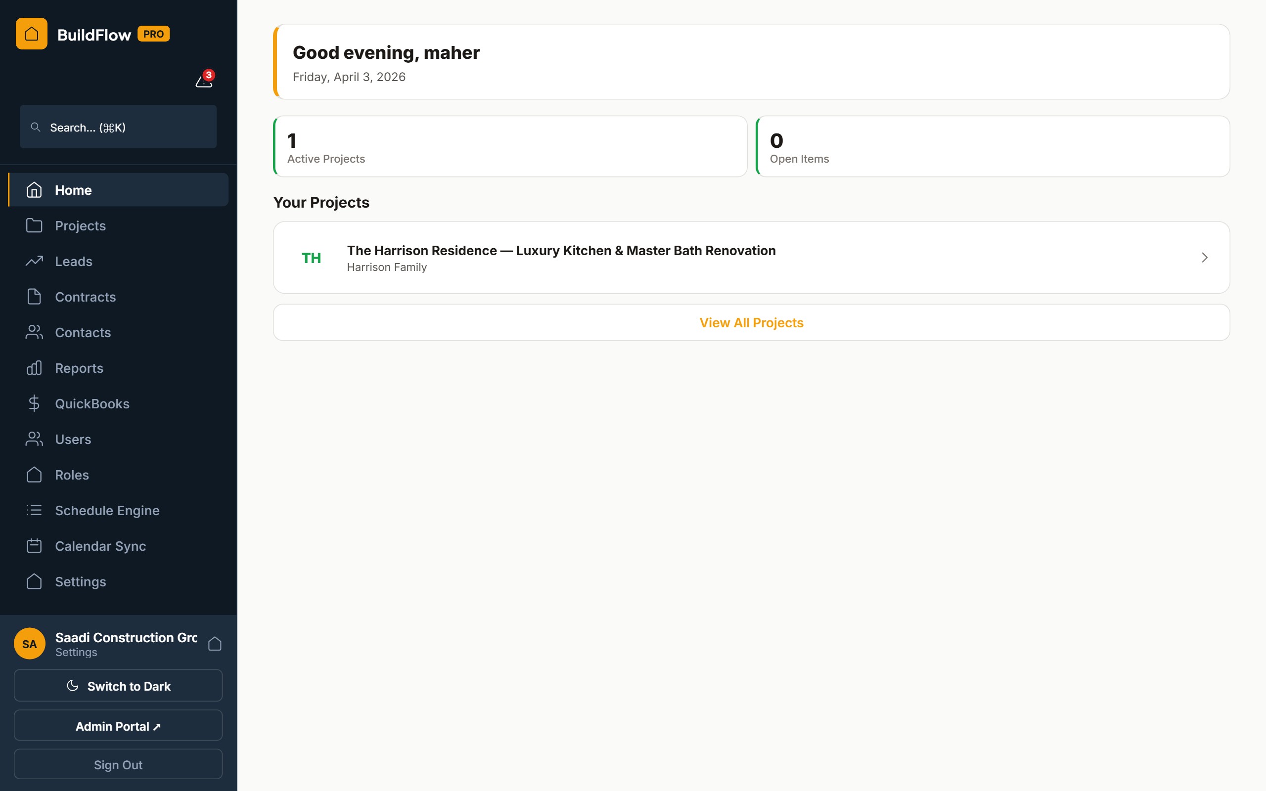 BuilderFlow Pro app dashboard screenshot